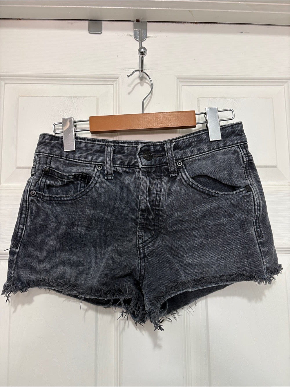 Free People Button Fly Black Washed Denim Frayed Hem Shorts